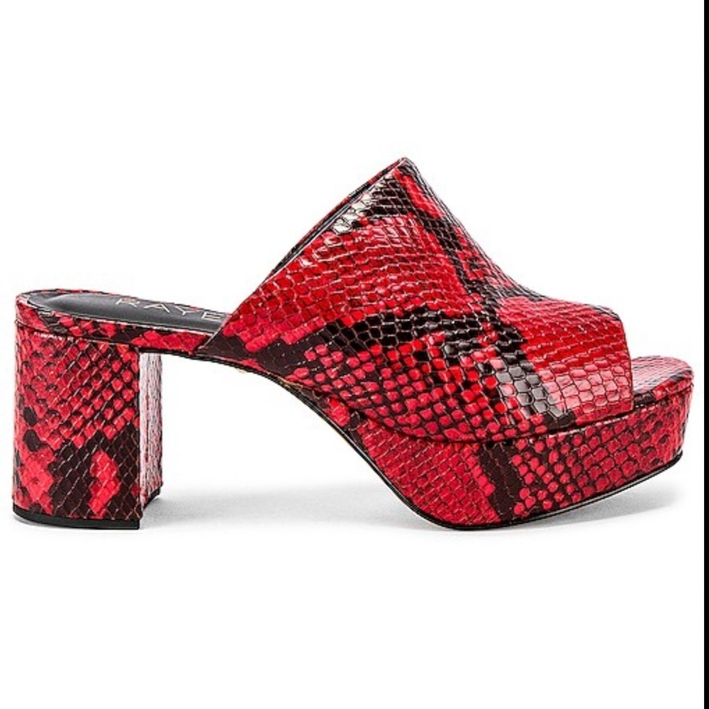 RAYE RED SNAKESKIN PLATFORM MULES SIZE 7|CHUNKY HEAL SLIPON STATEMENT SHOES NWOT